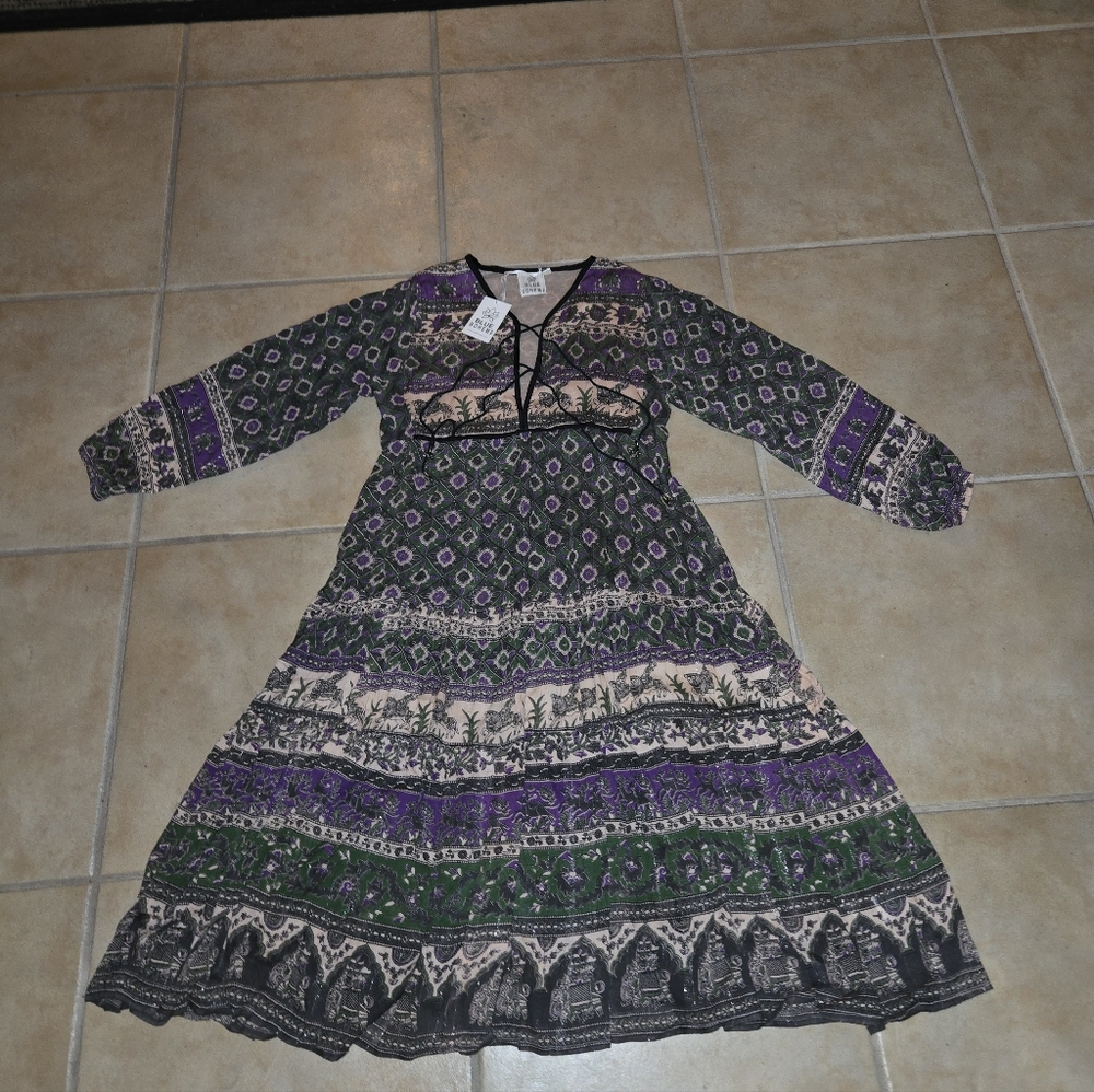 Blue Boheme Long Sleeve Bohemian Dress - Purple and Green Pattern NWT